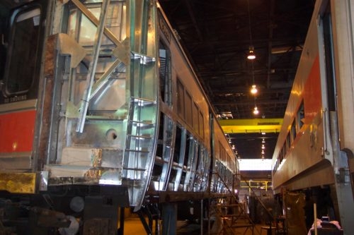 Rail car undergoing repairs